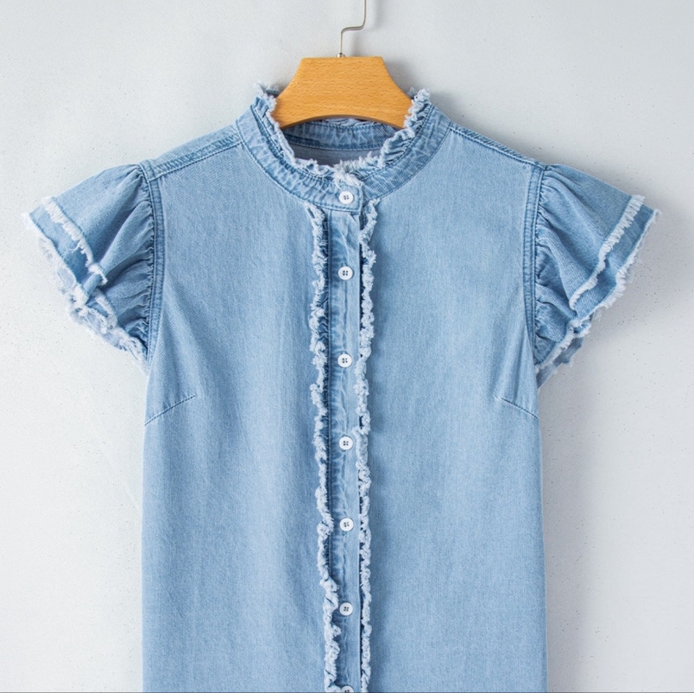 Frayed Denim Button-Up Top